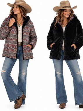 Pendleton Reversible Coat Womens M Southwest Aztec Faux Fur Hooded Western